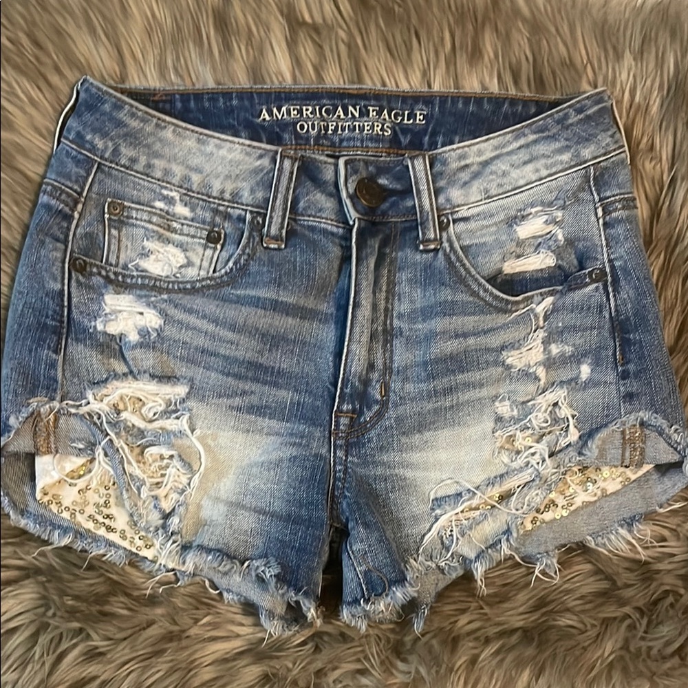 American Eagle Hi-Rise High Waisted Jean Shorts with Sequin Pockets